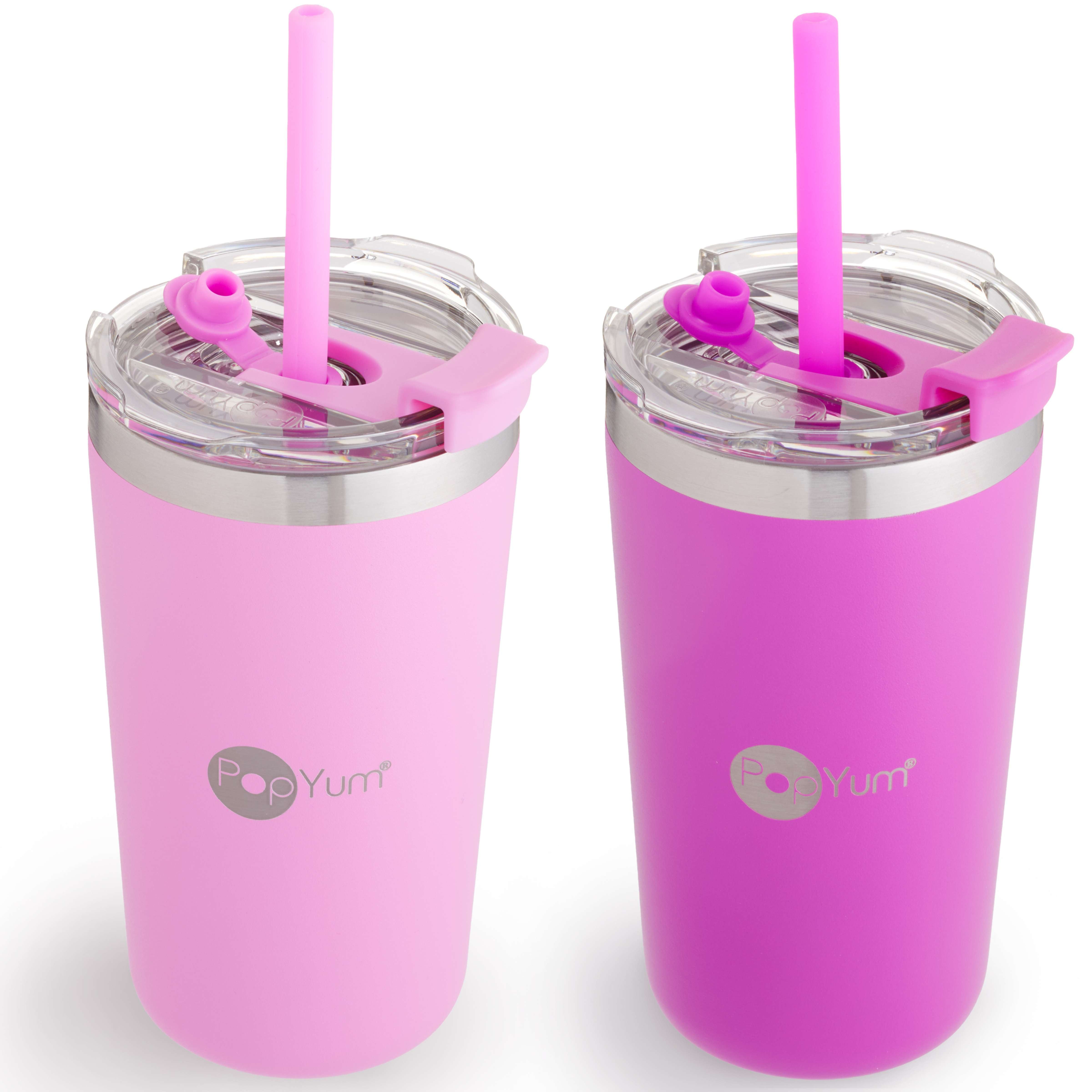 PopYum 13oz Insulated Stainless Steel Kids’ Cups with Lid and Straw, 2-Pack, Purple & Pink, stackable, sippy, baby, child, toddler, tumbler