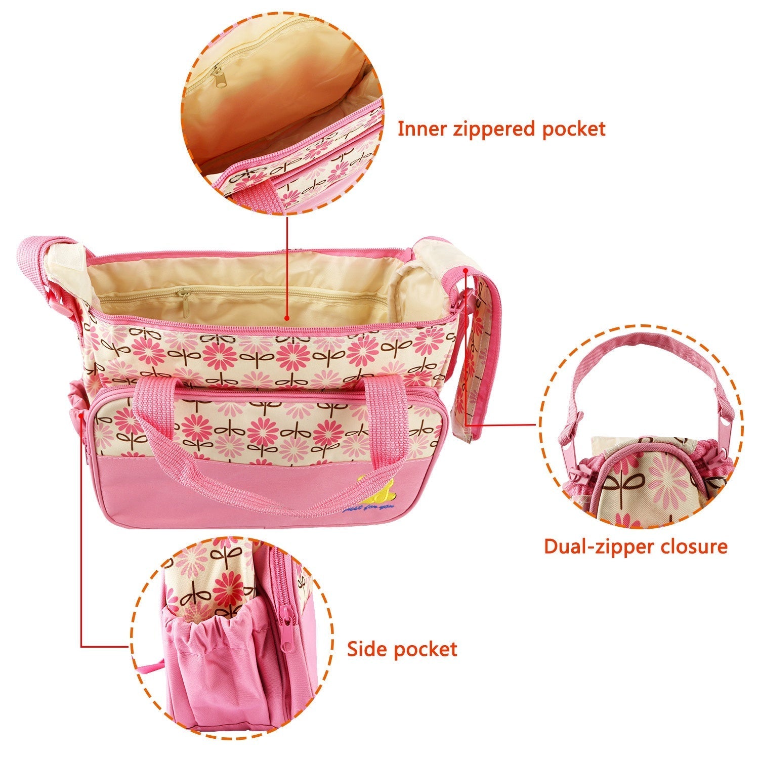 5PCS Baby Diaper Bag Set with Changing Pad Insulated Pockets