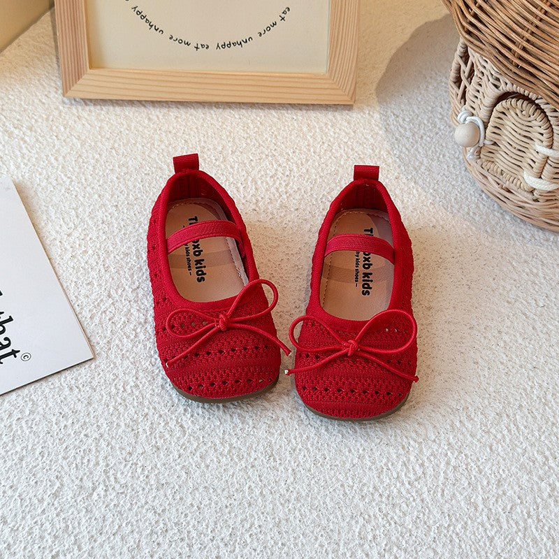 Girls' Baotou Sandals, Children's Bow Princess Single Shoes, Girls' Baby Breathable Knitted Shoes