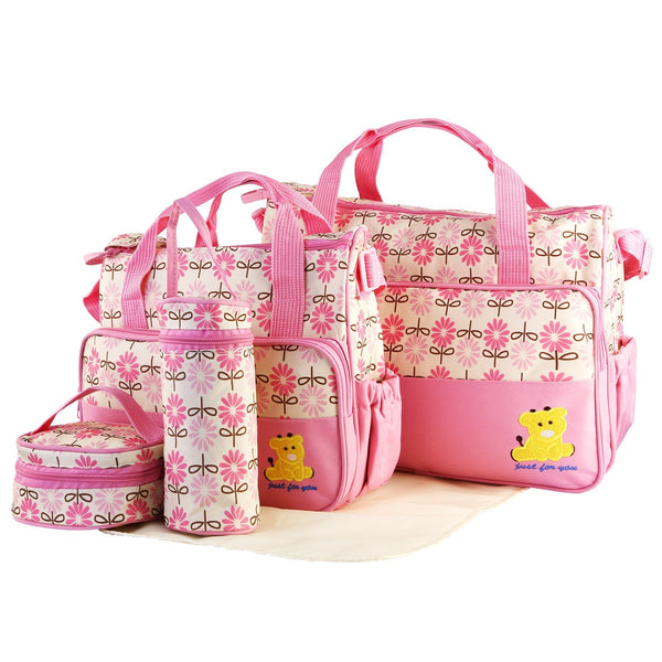 5PCS Baby Diaper Bag Set with Changing Pad Insulated Pockets