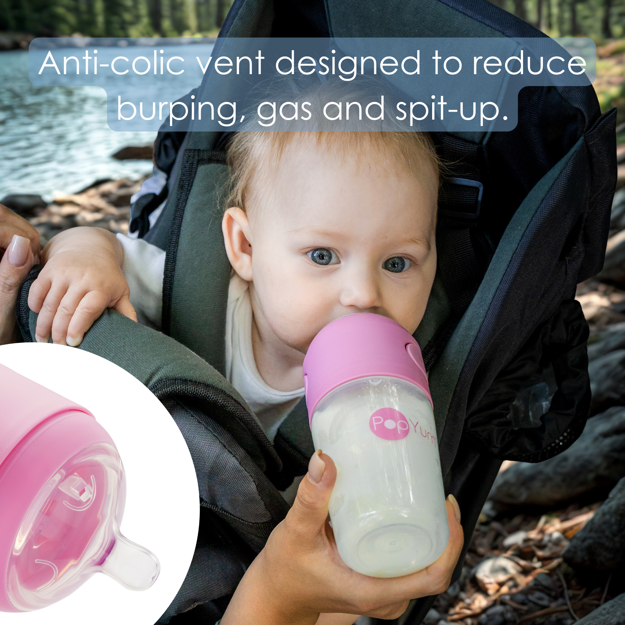 PopYum 9oz Anti-Colic Baby Bottle for Breast and Formula Feeding, 3-Pack, Pink, #2 Medium Flow Nipples