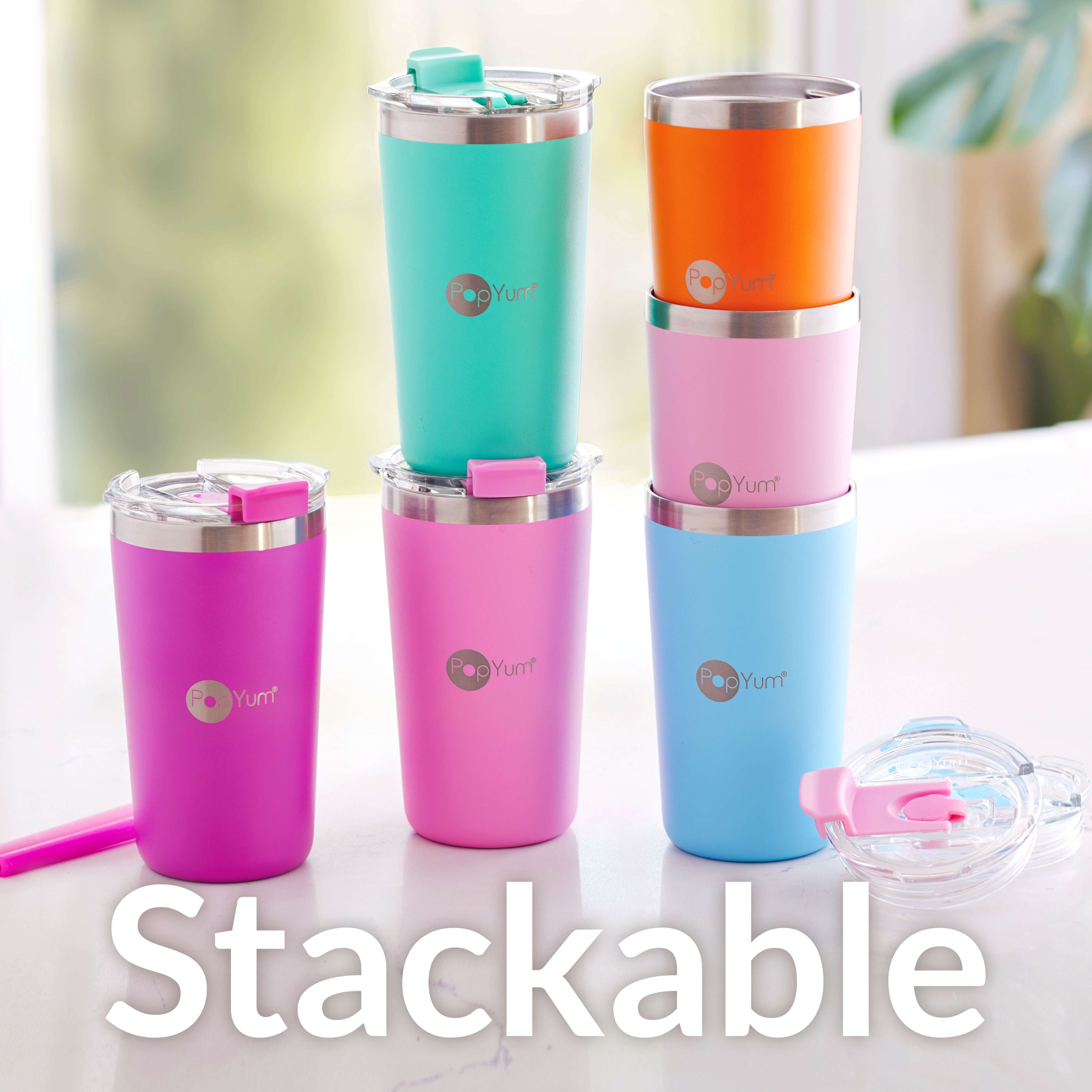 PopYum 13oz Insulated Stainless Steel Kids’ Cups with Lid and Straw, 2-Pack, Purple & Pink, stackable, sippy, baby, child, toddler, tumbler