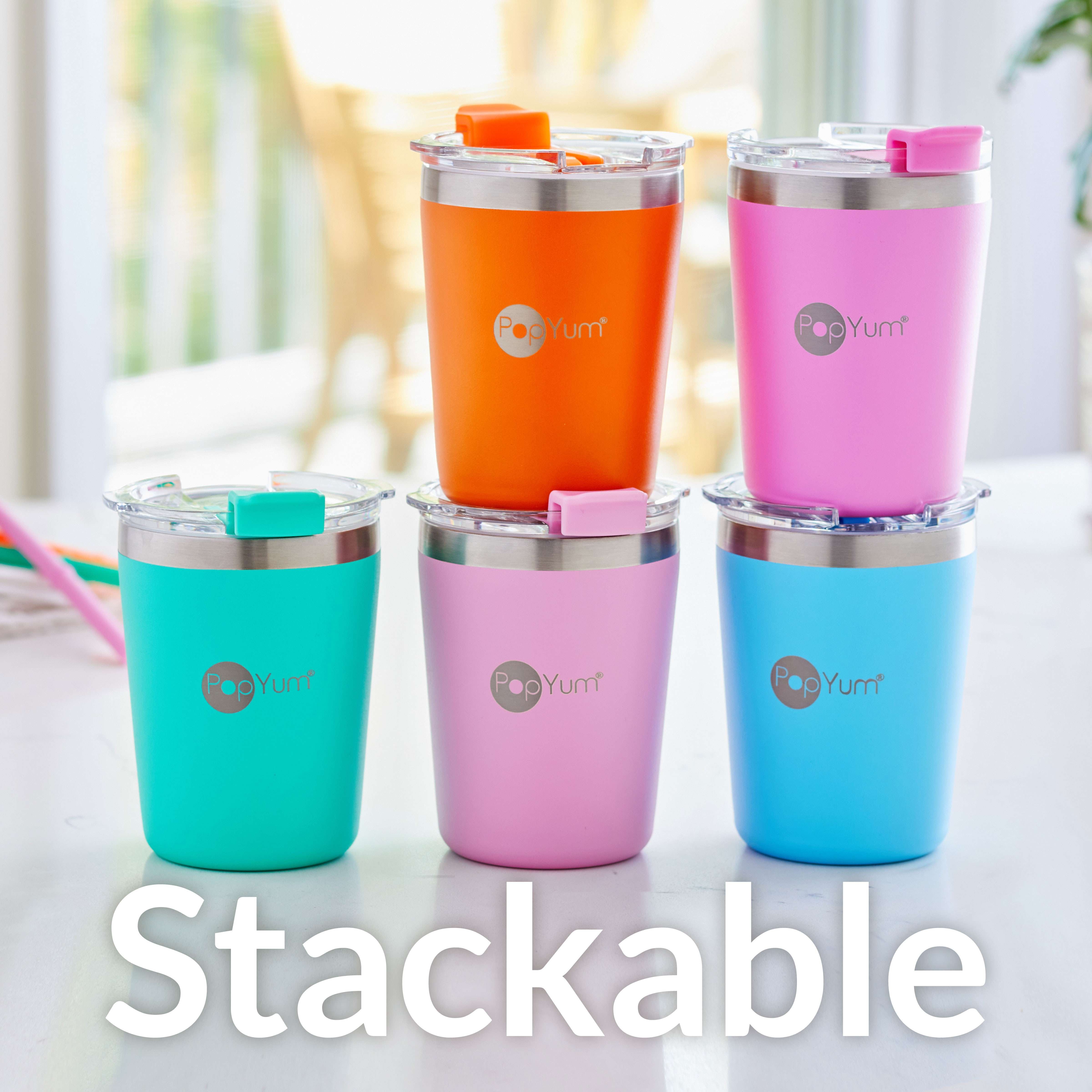 PopYum 9oz Insulated Stainless Steel Kids’ Cups with Lid and Straw, 2-Pack, Blue & Pink, stackable, sippy, baby, child, toddler, tumbler