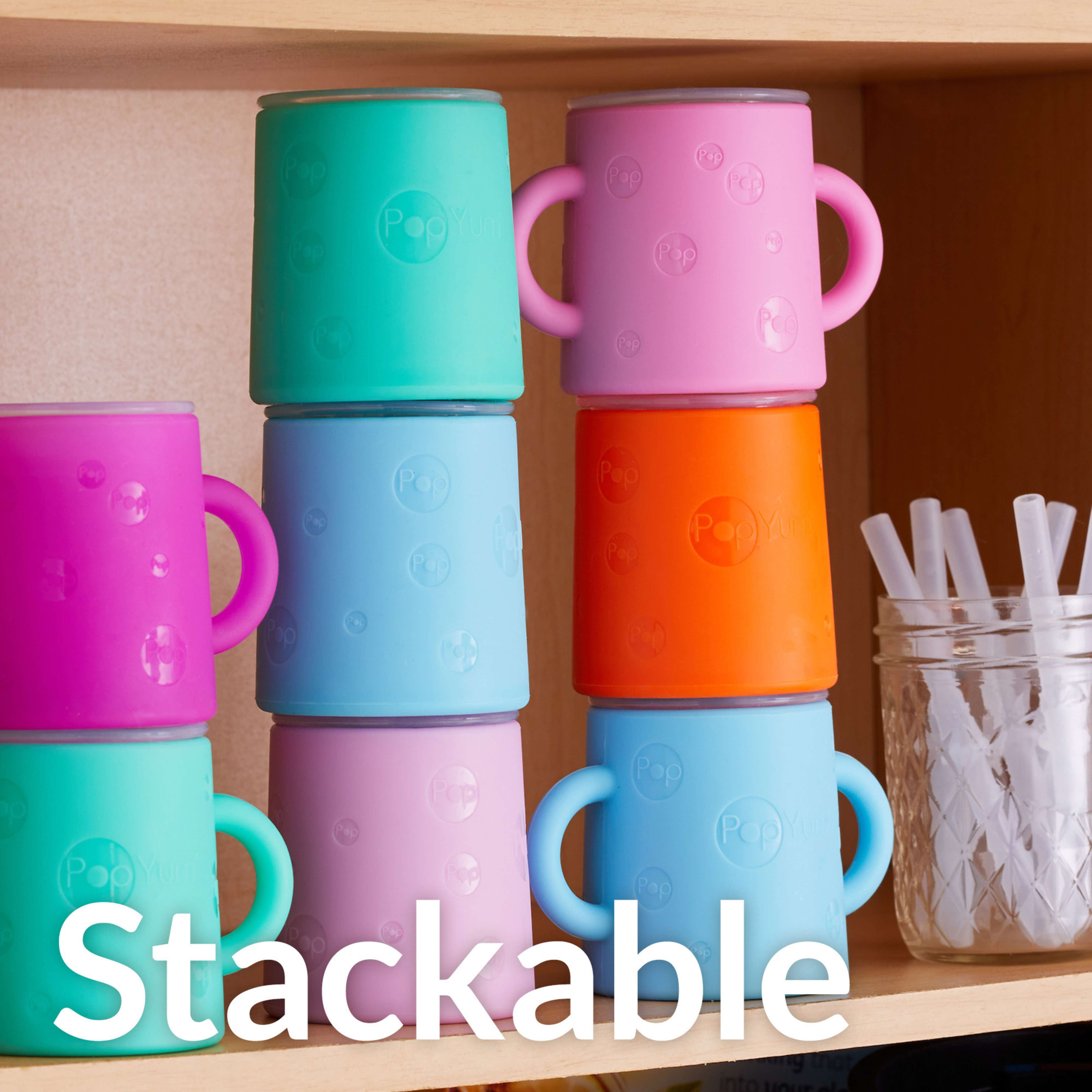 PopYum Silicone Training Cup with Straw + Lid 2-Pack for Baby, Infant and Toddler, Tumbler, Sippy, handles, 5 ounce (blue, orange)
