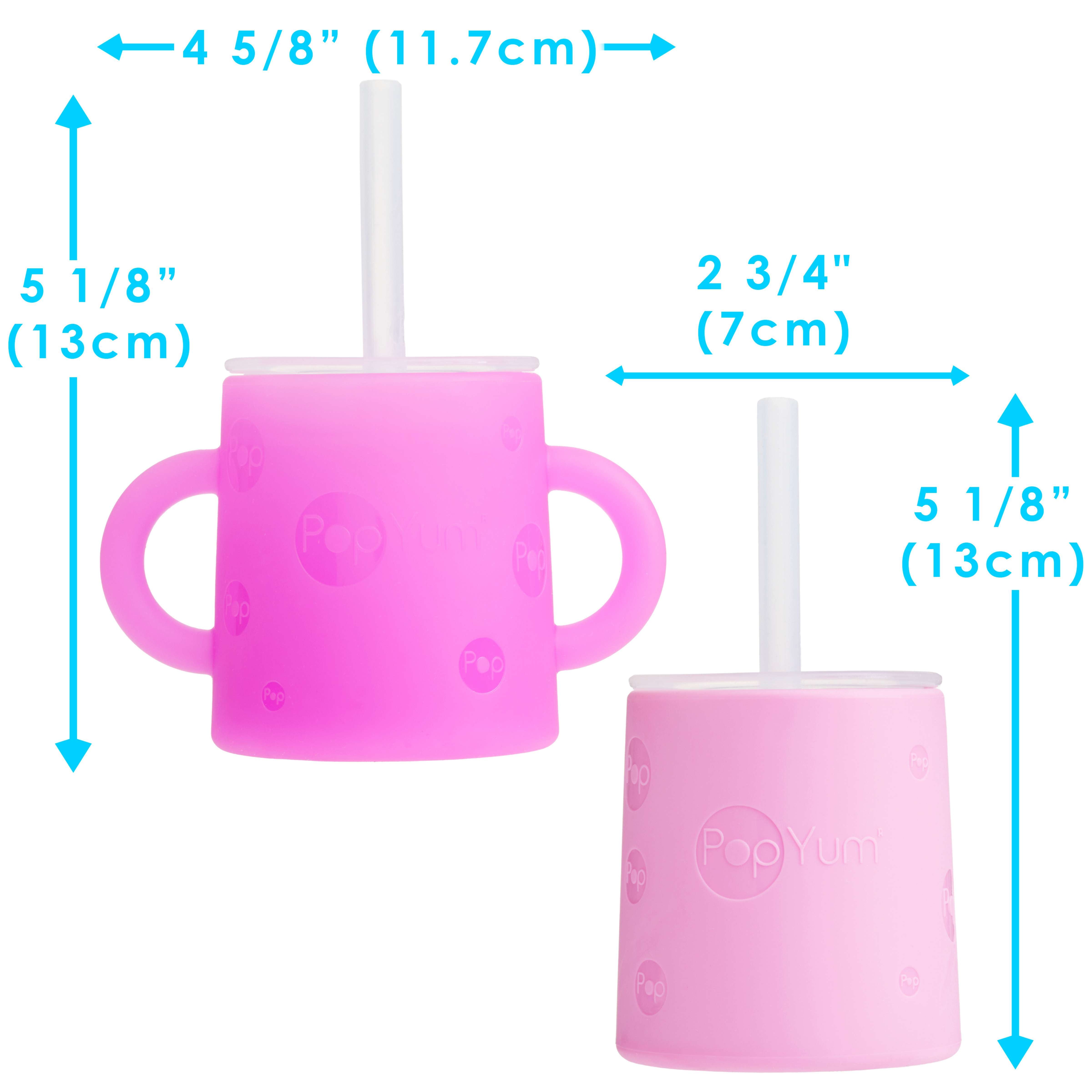 PopYum Silicone Training Cup with Straw Lid, 2-Pack for Baby, Infant and Toddler, Tumbler, Sippy, handles, 5 ounce (purple, pink)