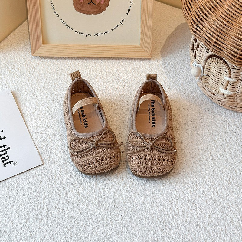 Girls' Baotou Sandals, Children's Bow Princess Single Shoes, Girls' Baby Breathable Knitted Shoes