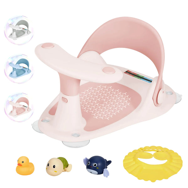 Wddbb Baby Bath Seat 6-24 Months | Baby Bath Support | Toddler Bath Seat with Water Thermometer | 4 Strong Suction Cup/3 Bath Toys/Shower Cap Baby Bath Seats for Sitting up in The tub(Pink) - # BAGE11110014