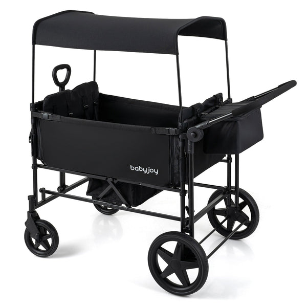 Foldable Wagon Stroller for 4 Kids with Removable Canopy and Adjustable Push