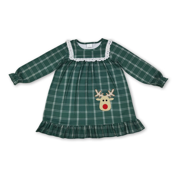 Green plaid deer kids girls Christmas nightgown