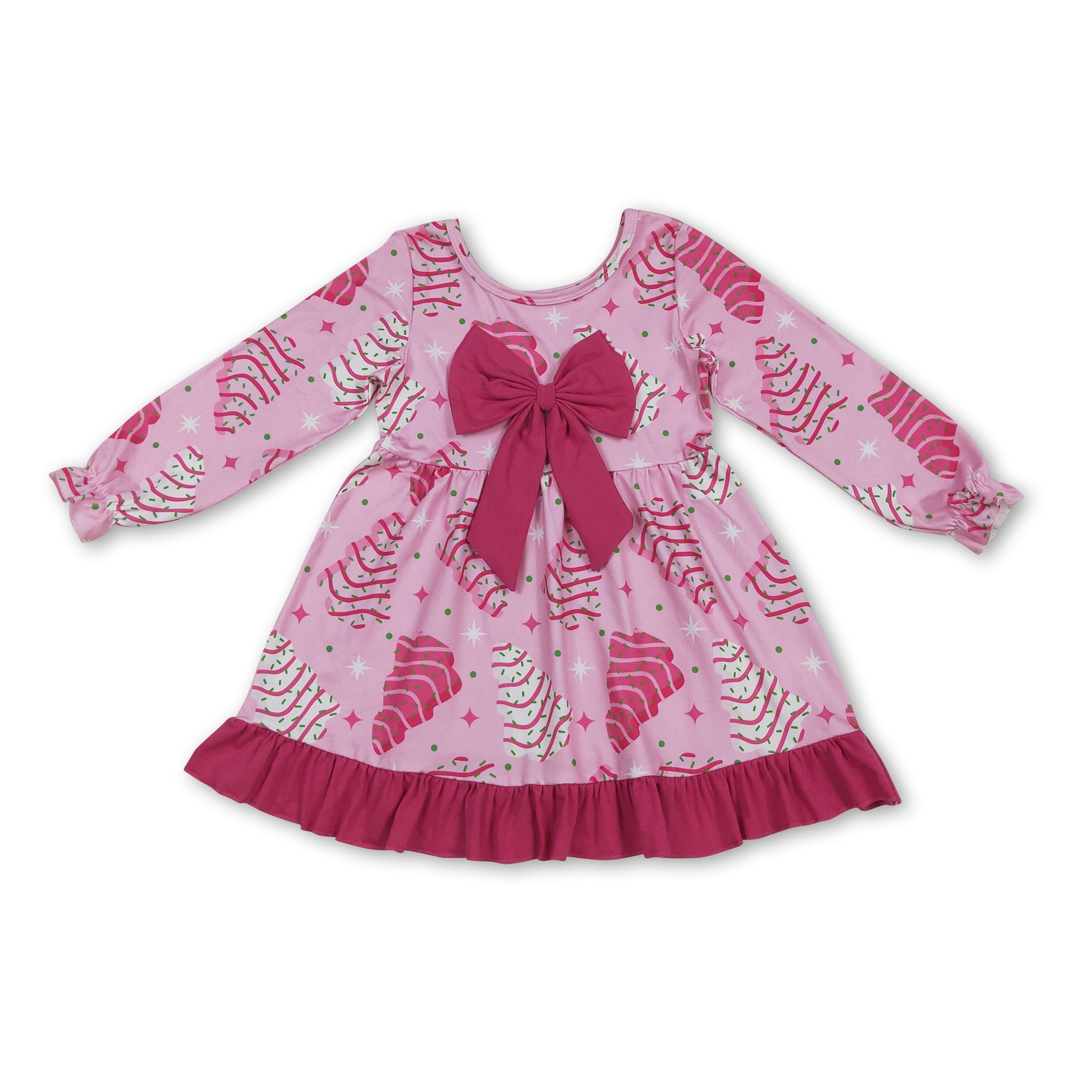 Long sleeves pink bow Christmas tree cake girls dress