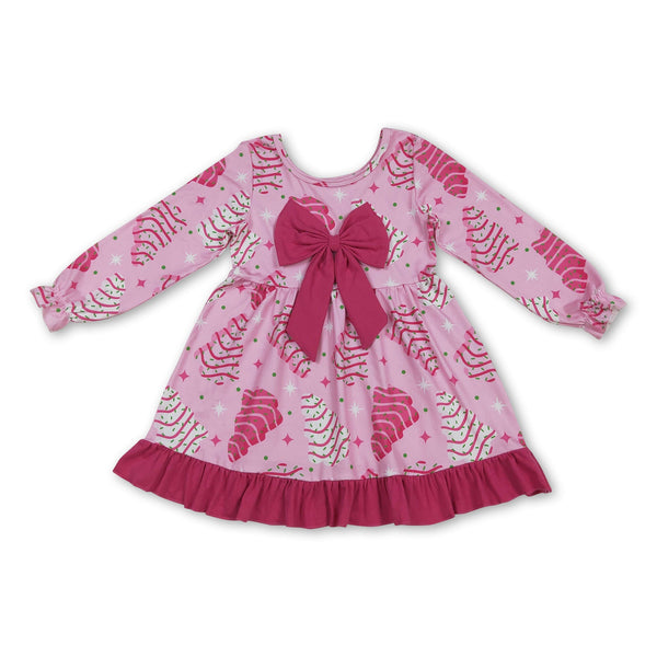 Long sleeves pink bow Christmas tree cake girls dress