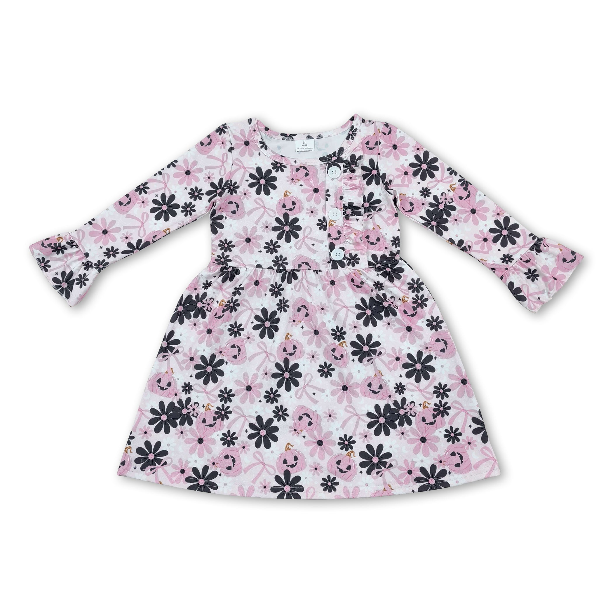 Long sleeves pink bow pumpkin floral girls Halloween dress