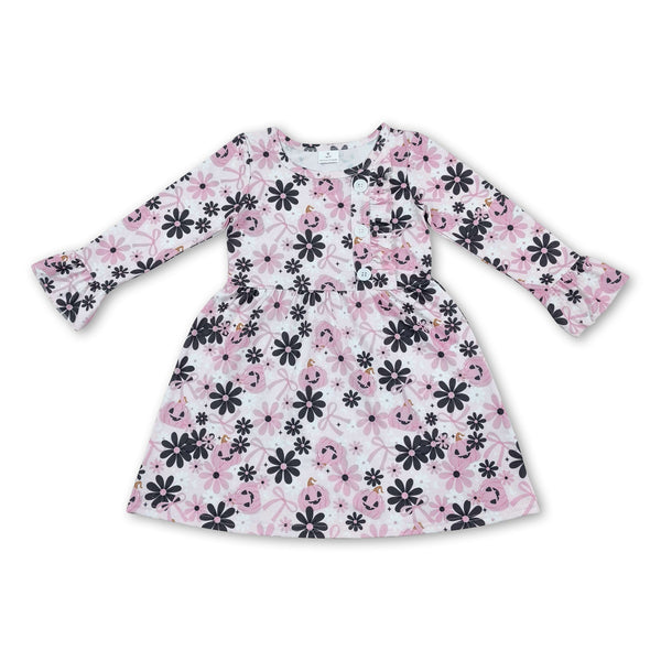 Long sleeves pink bow pumpkin floral girls Halloween dress