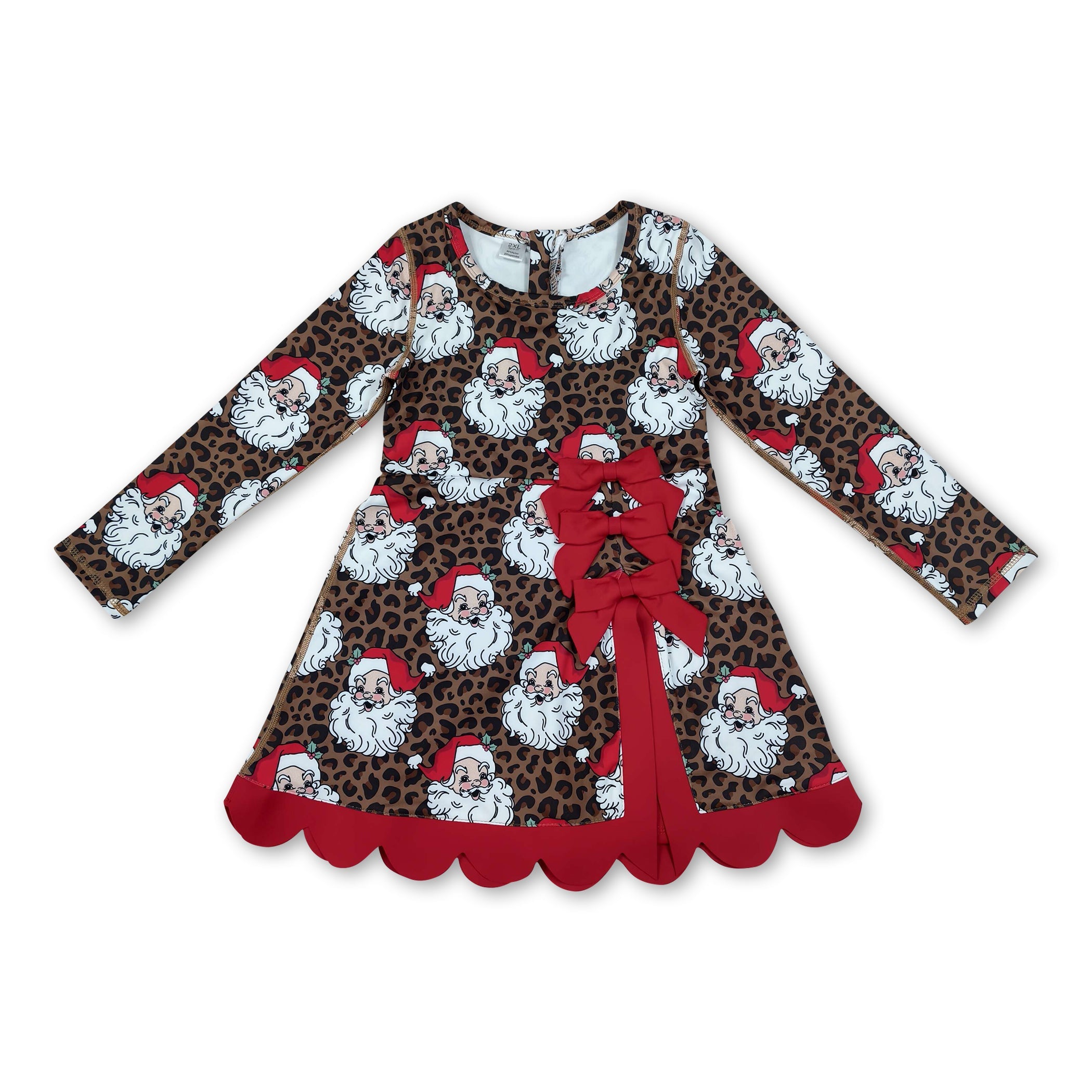 Leopard santa scallop bow girls Christmas athletic dress