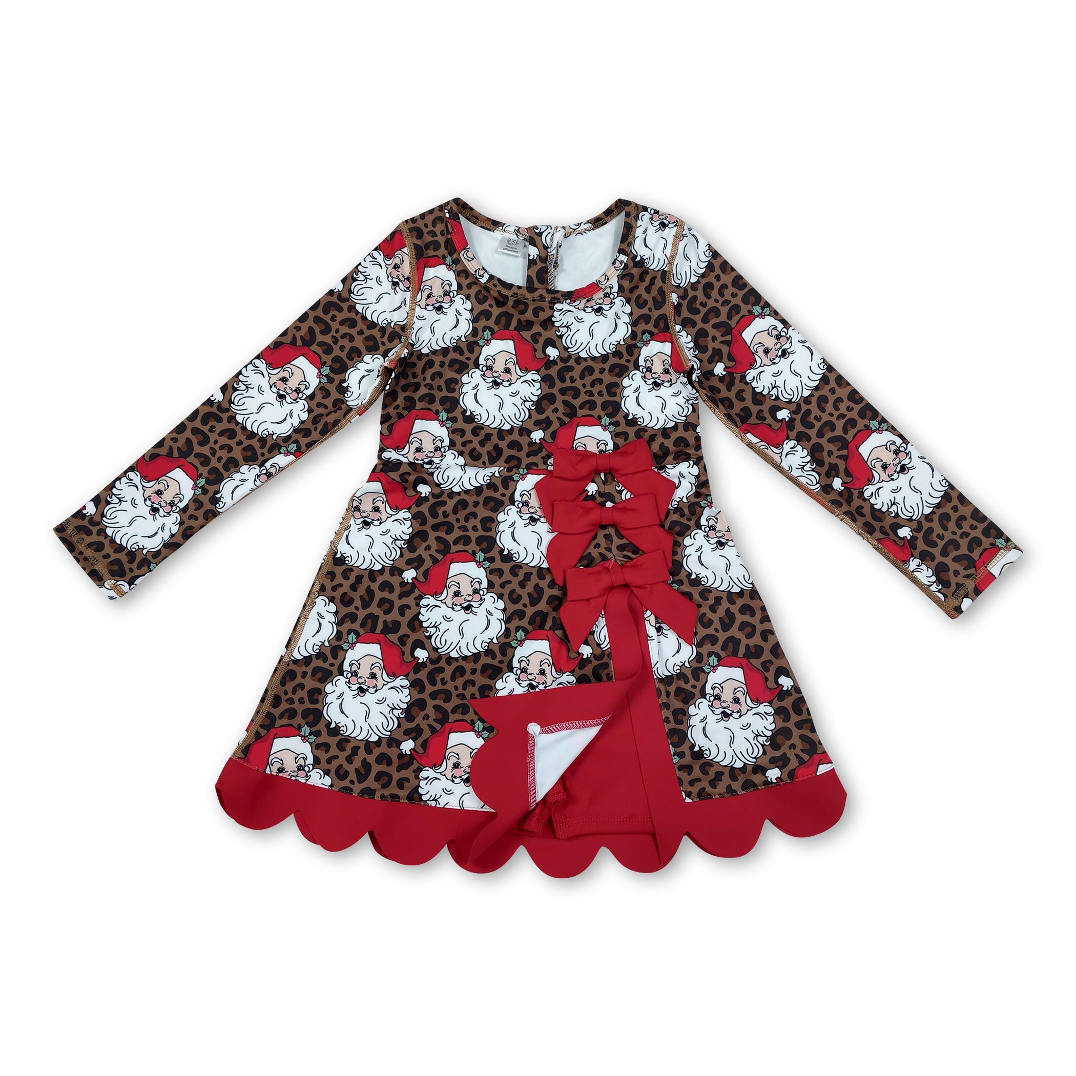 Leopard santa scallop bow girls Christmas athletic dress
