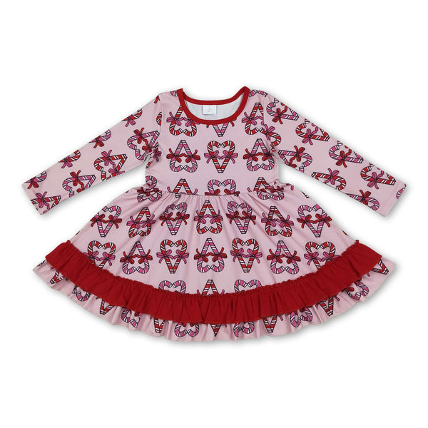 Long sleeves candy cane bow ruffle girls Christmas dress