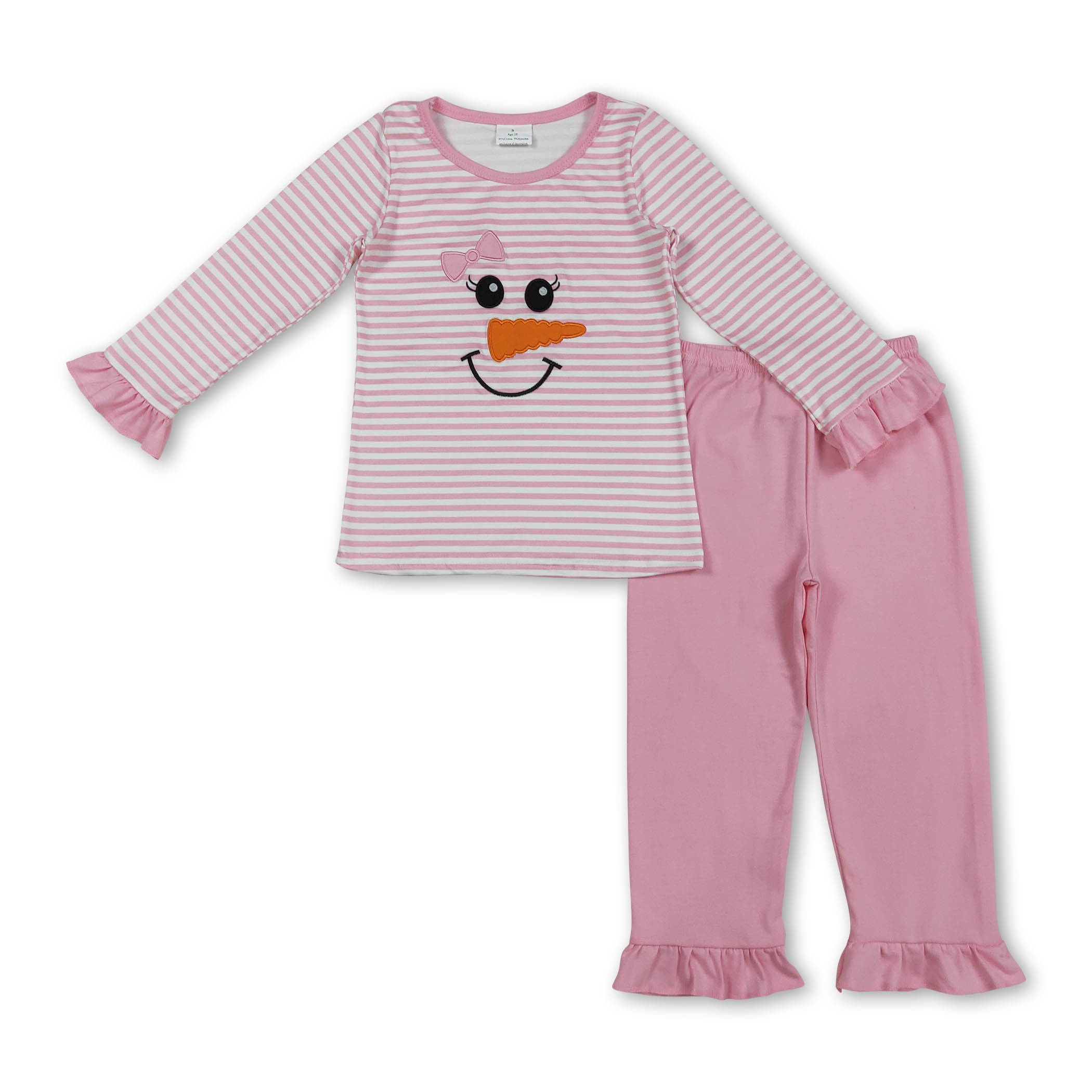 Pink stripe snowman bow top pants girls pajamas