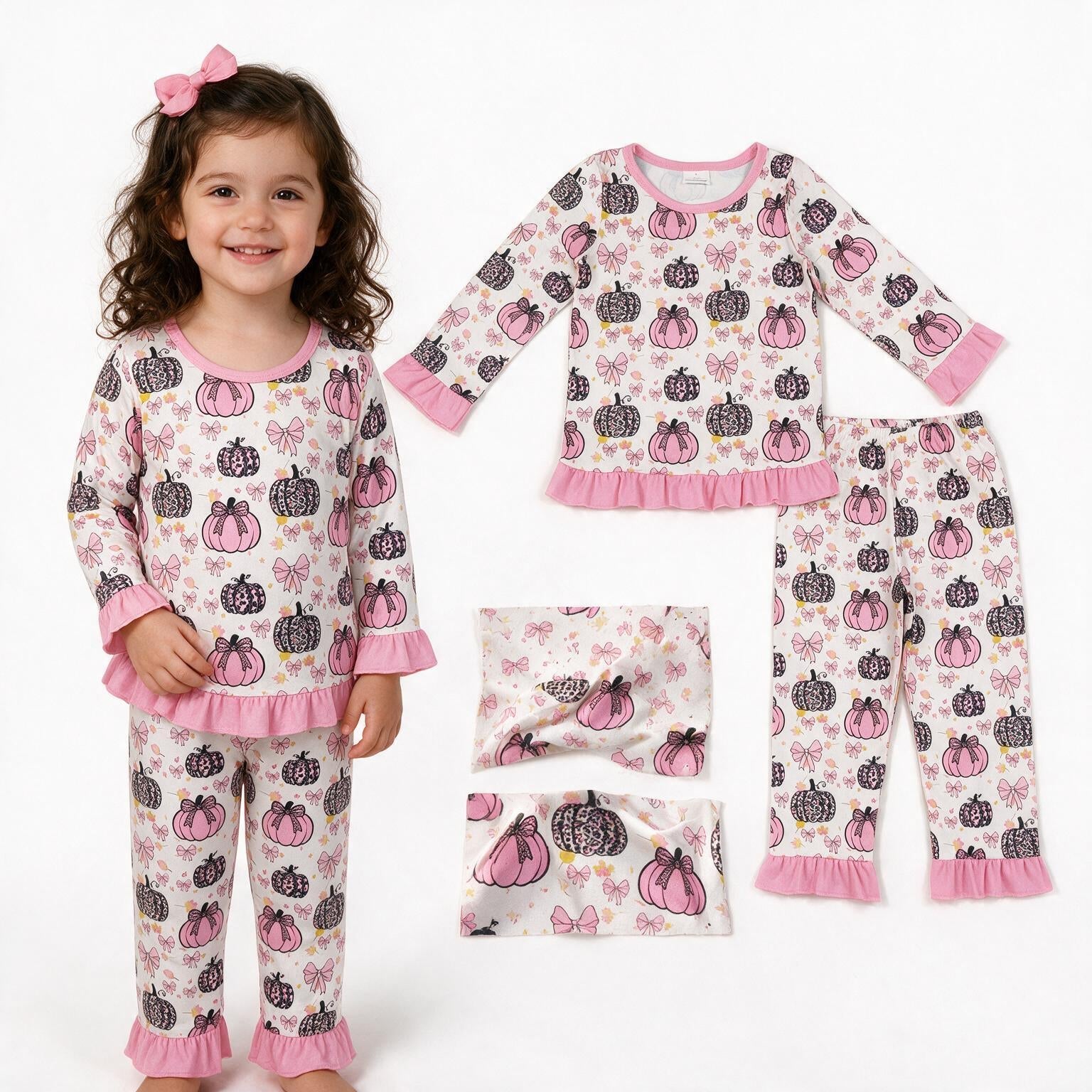 Pink ruffle bow pumpkin kids girls fall pajamas set