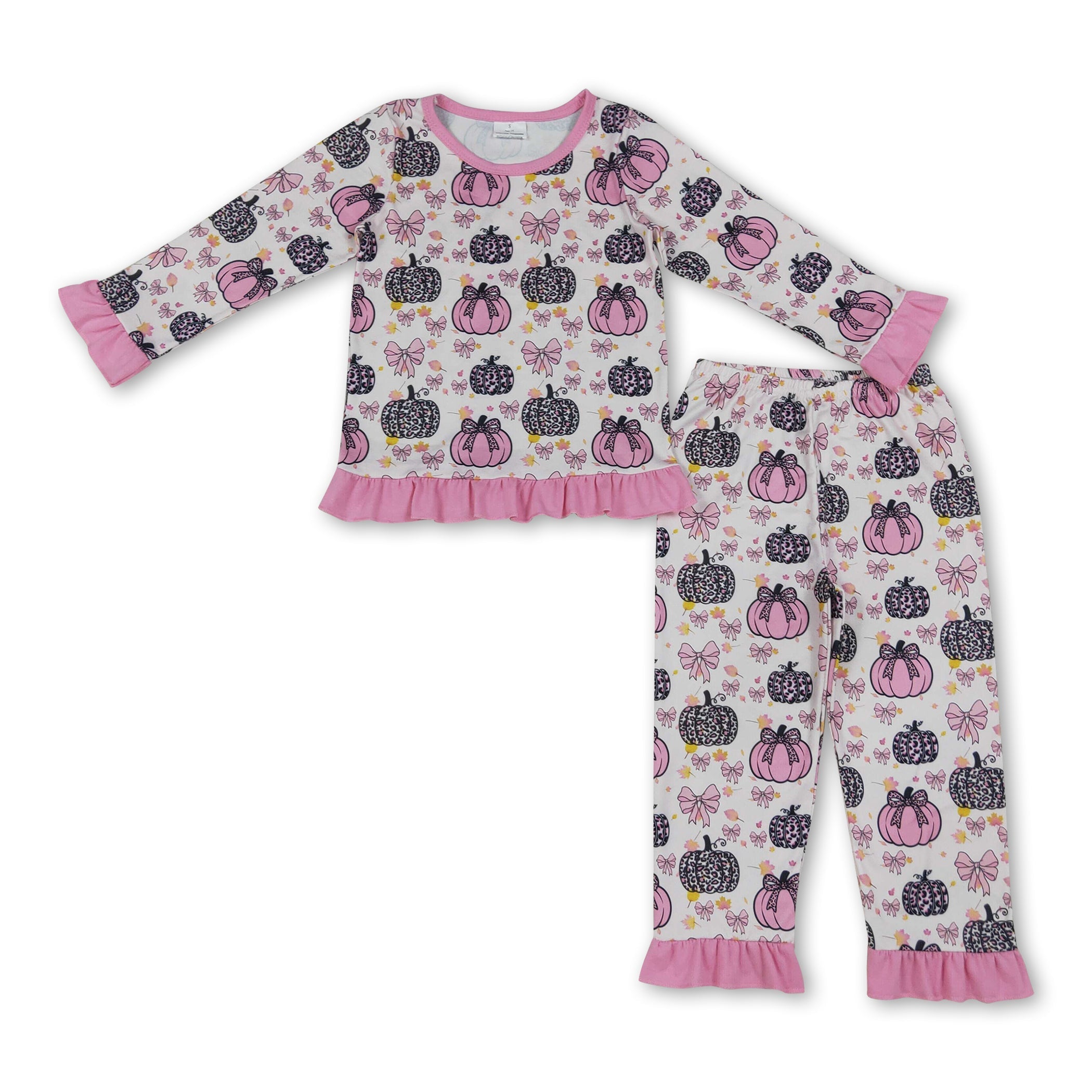 Pink ruffle bow pumpkin kids girls fall pajamas set