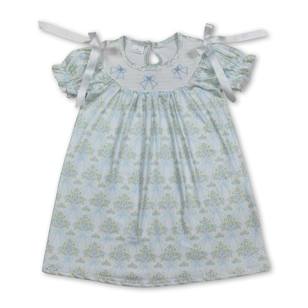 Short sleeves bow smocked floral baby girls dresses