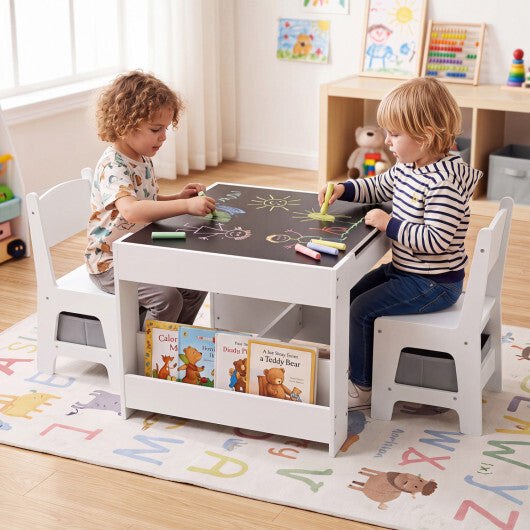 4 in 1 Kids Table and Chairs with Building Blocks and Bookshelves-Grey