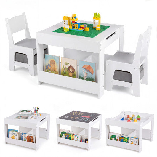 4 in 1 Kids Table and Chairs with Building Blocks and Bookshelves-Grey