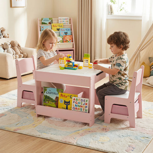 4 in 1 Kids Table and Chairs with Building Blocks and Bookshelves-Grey