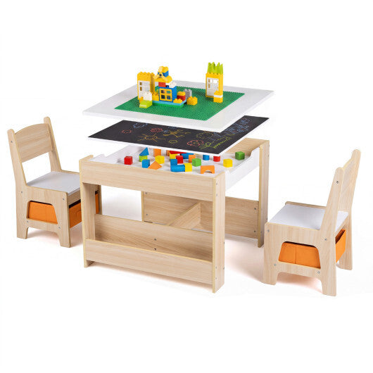 4 in 1 Kids Table and Chairs with Building Blocks and Bookshelves-Grey
