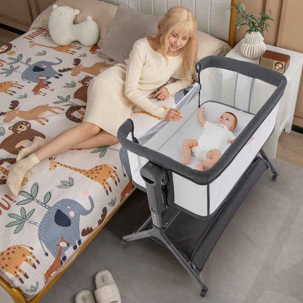 Height Adjustable Bedside Sleeper with Storage Bag and Soft Mattress for Baby-Gray