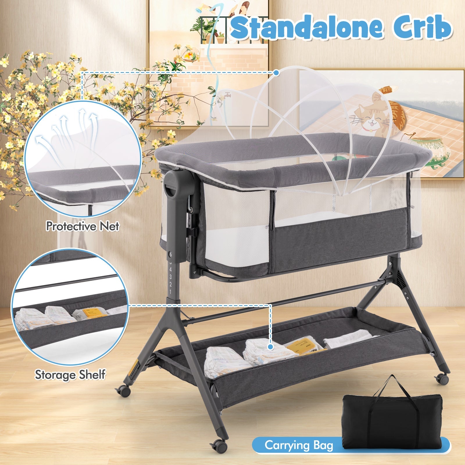 Height Adjustable Bedside Sleeper with Storage Bag and Soft Mattress for Baby-Gray