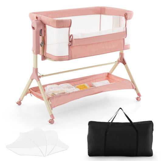 Height Adjustable Baby Bedside Sleeper with Storage Bag – Pink