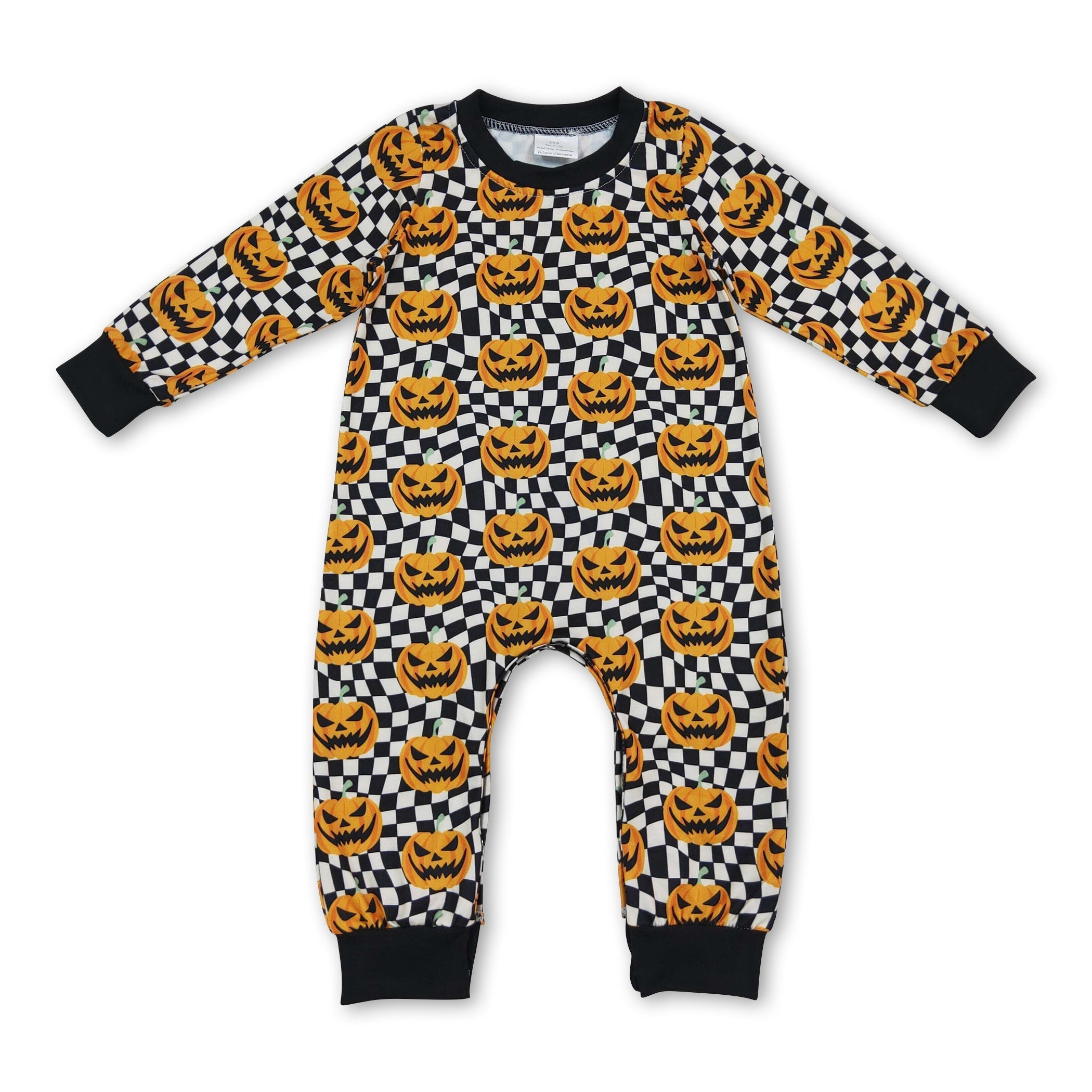 Long sleeves black plaid pumpkin boy Halloween romper