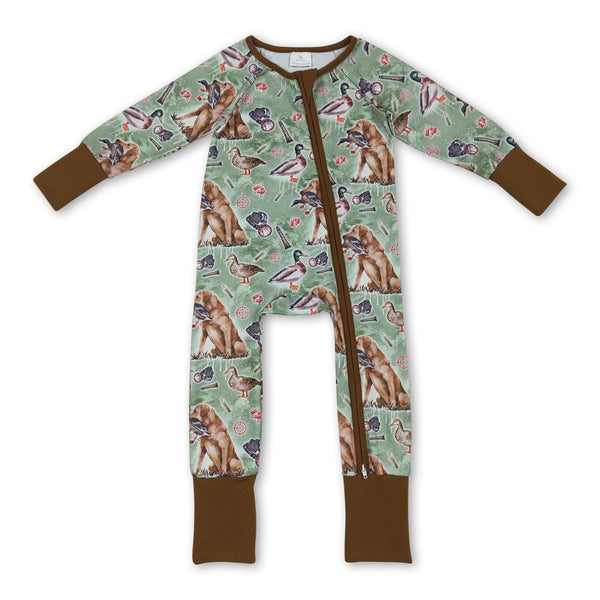 Brown long sleeves dog duck baby boy zipper romper