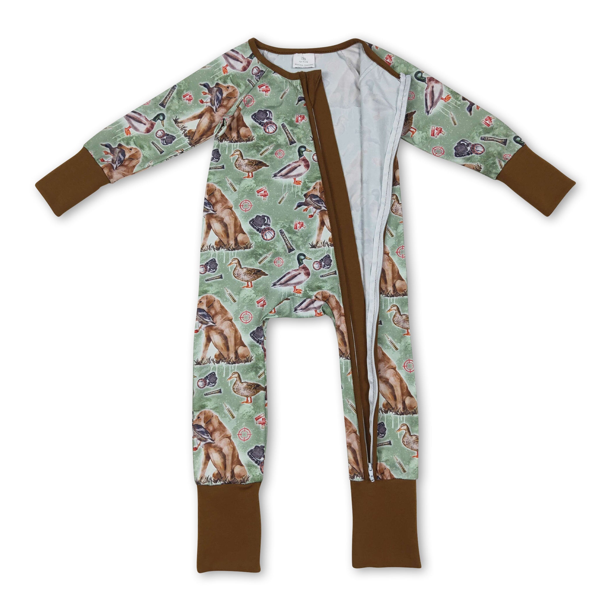 Brown long sleeves dog duck baby boy zipper romper