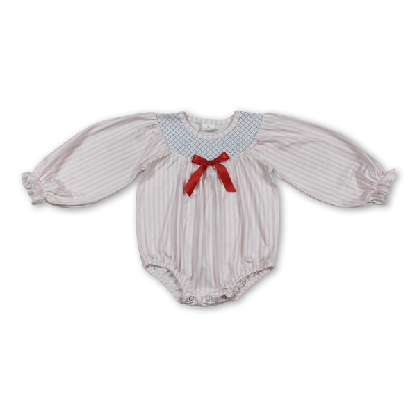 Long sleeves stripe red bow baby girls romper