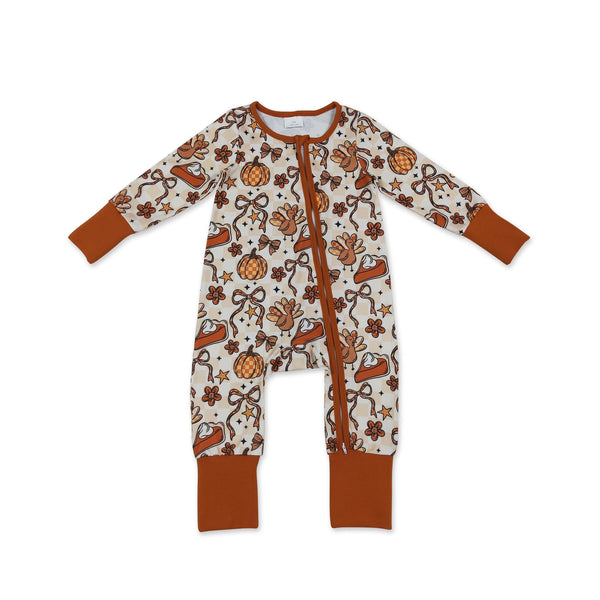 Pumpkin pie turkey bow baby girls Thanksgiving zipper romper