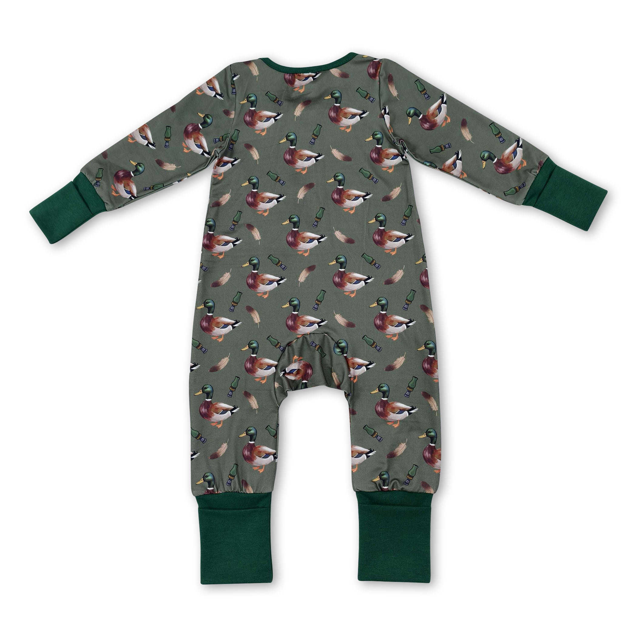 Green long sleeves duck call baby boys zipper romper