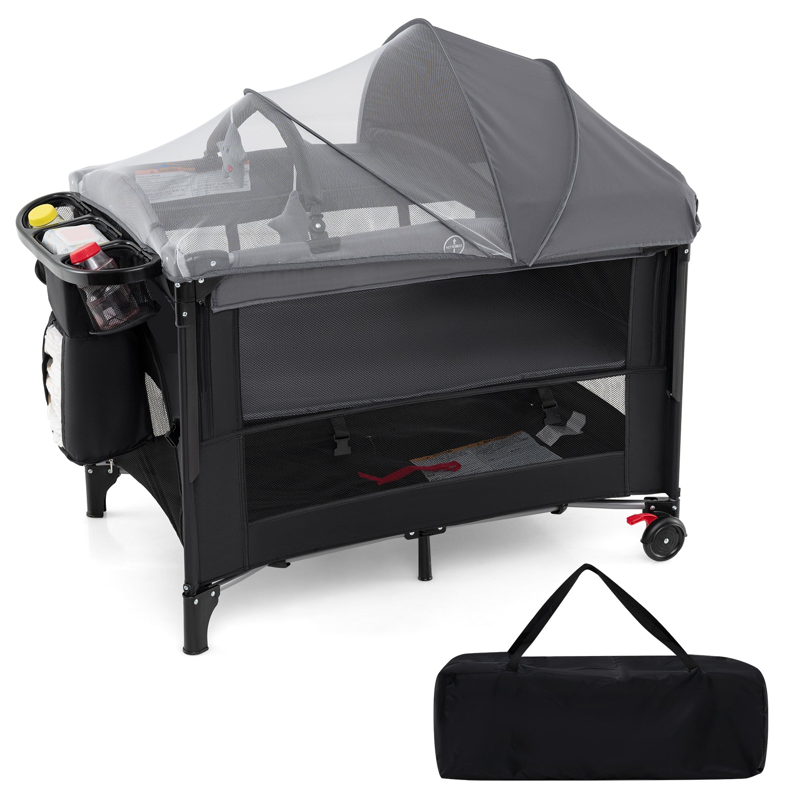 Foldable Baby Bassinet with 4 Adjustable Heights Changing Table and Mattress-Black