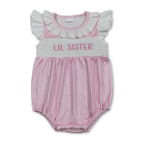 Flutter sleeves LIL SISTER smocked stripe baby romper