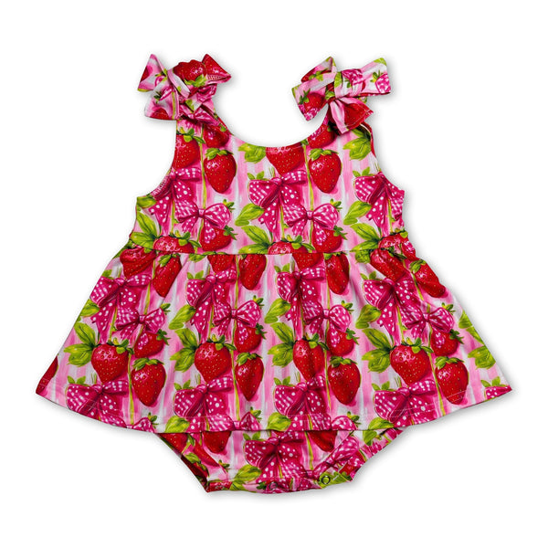 Sleeveless strawberry bow baby girls romper