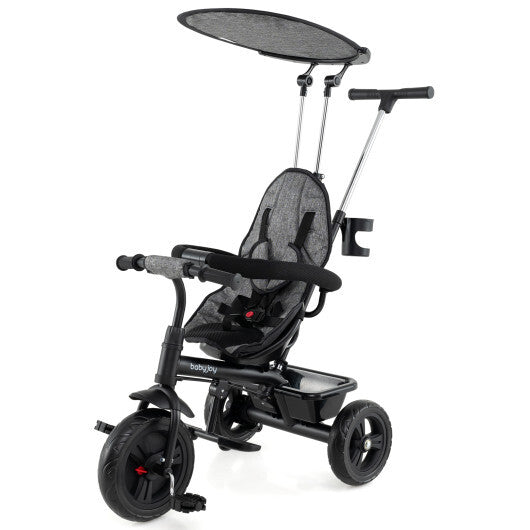 7-in-1 Baby Stroller Tricycle with Adjustable Canopy and Foldable Footrests for Ages 9-60 Months Old-Gray