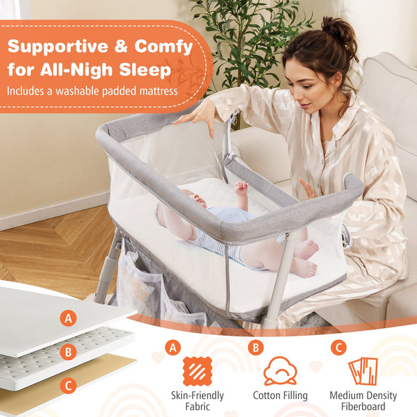 Baby Bassinet Bedside Crib with Adjustable Height Comfy Mattress-Gray