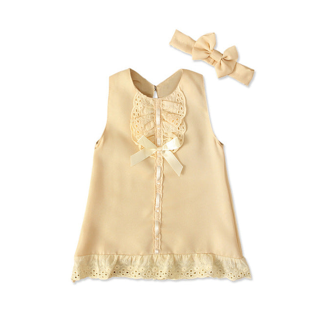 2pcs Set Baby Girl's Summer Dress with Bow Headband