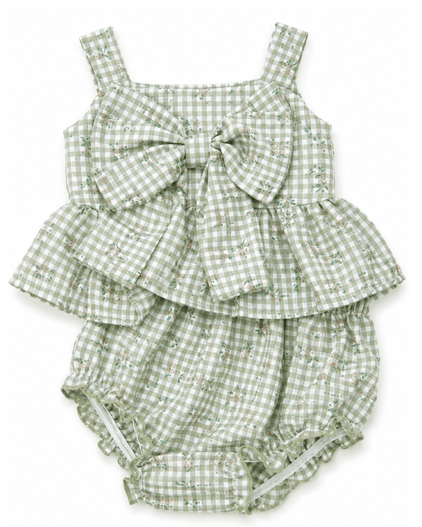 Birdie Bow Front Top & Bloomer Set - Antique Rosette Gingham