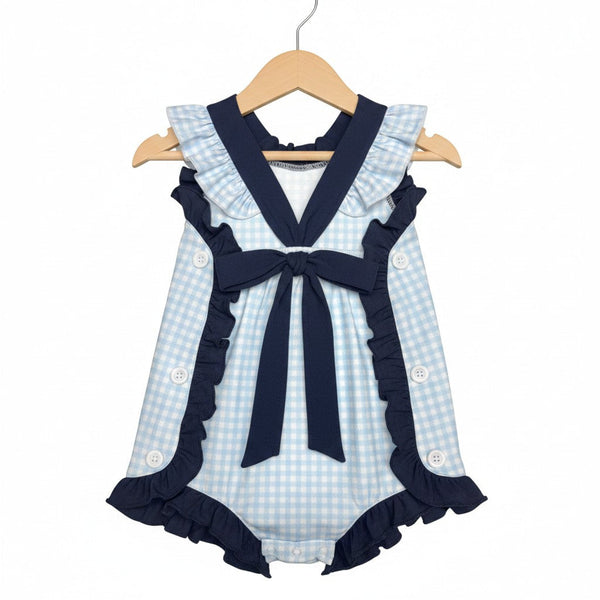 Classic Navy Gingham Bow and Button Romper