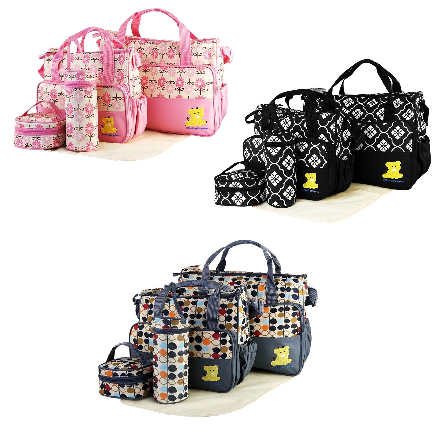 5PCS Baby Diaper Bag Set with Changing Pad Insulated Pockets