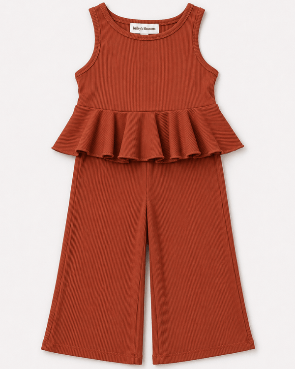 Hattie Peplum Top Two-Piece Wide Leg Set - Copper Ember